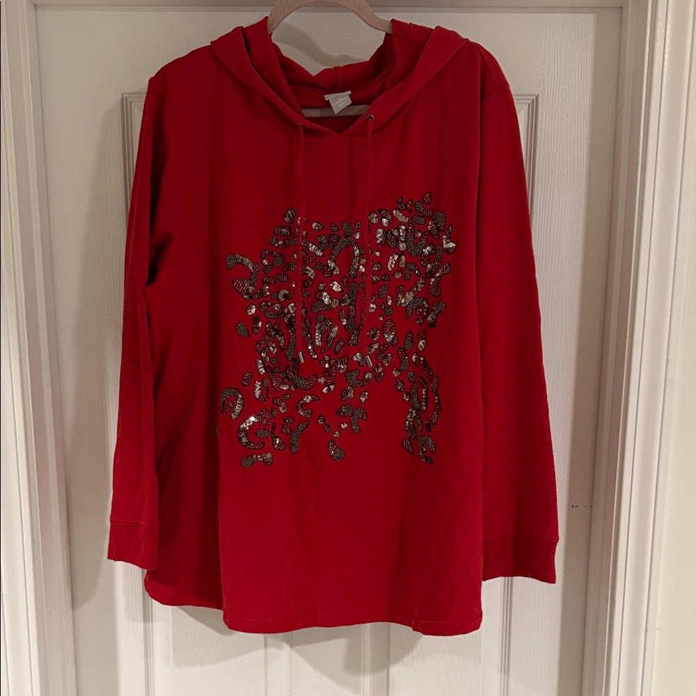CHICO’S red hoodie with beaded cheetah detail on chest!